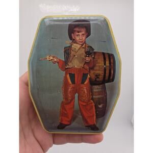 Vintage Horners Mixed Fruit Drops Tin Can With Kid Cowboy On Front